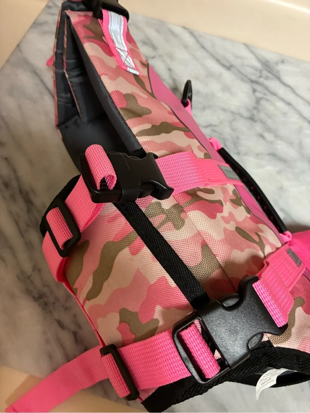 Pink Camo Dog Life Jacket with Handle and shark Fin